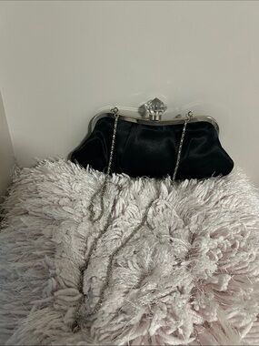 Black Satin Evening Shoulder Clutch with Silver Chain and Crystal Accent